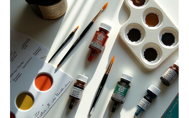 Various pots of mixed miniature model paint with brushes